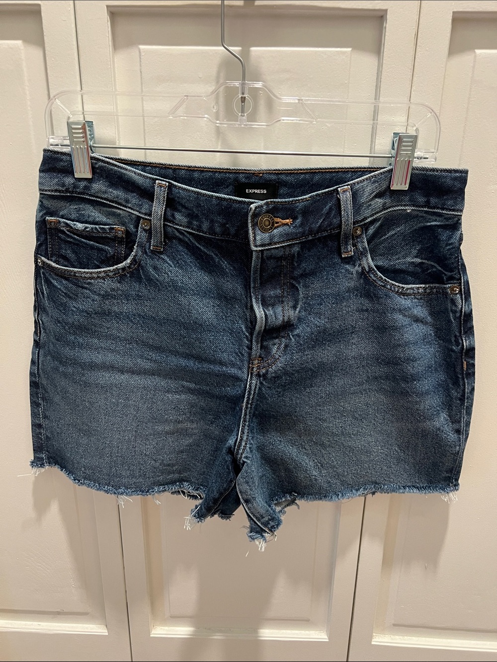 Express Women's Dark Indigo Frayed Hem Denim Shorts